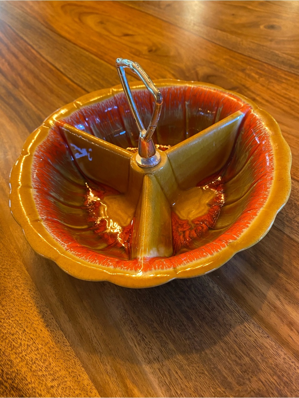 Orange Drip Glaze Divided Bowl USA Pottery R-131 60s.